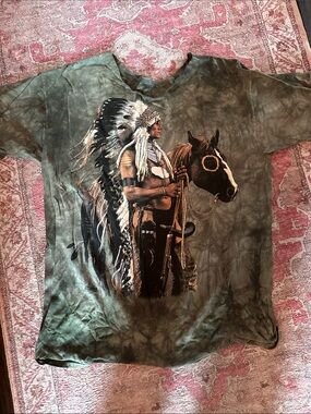 The Mountain Olive Green Tee with Native Chief & Horse Graphic